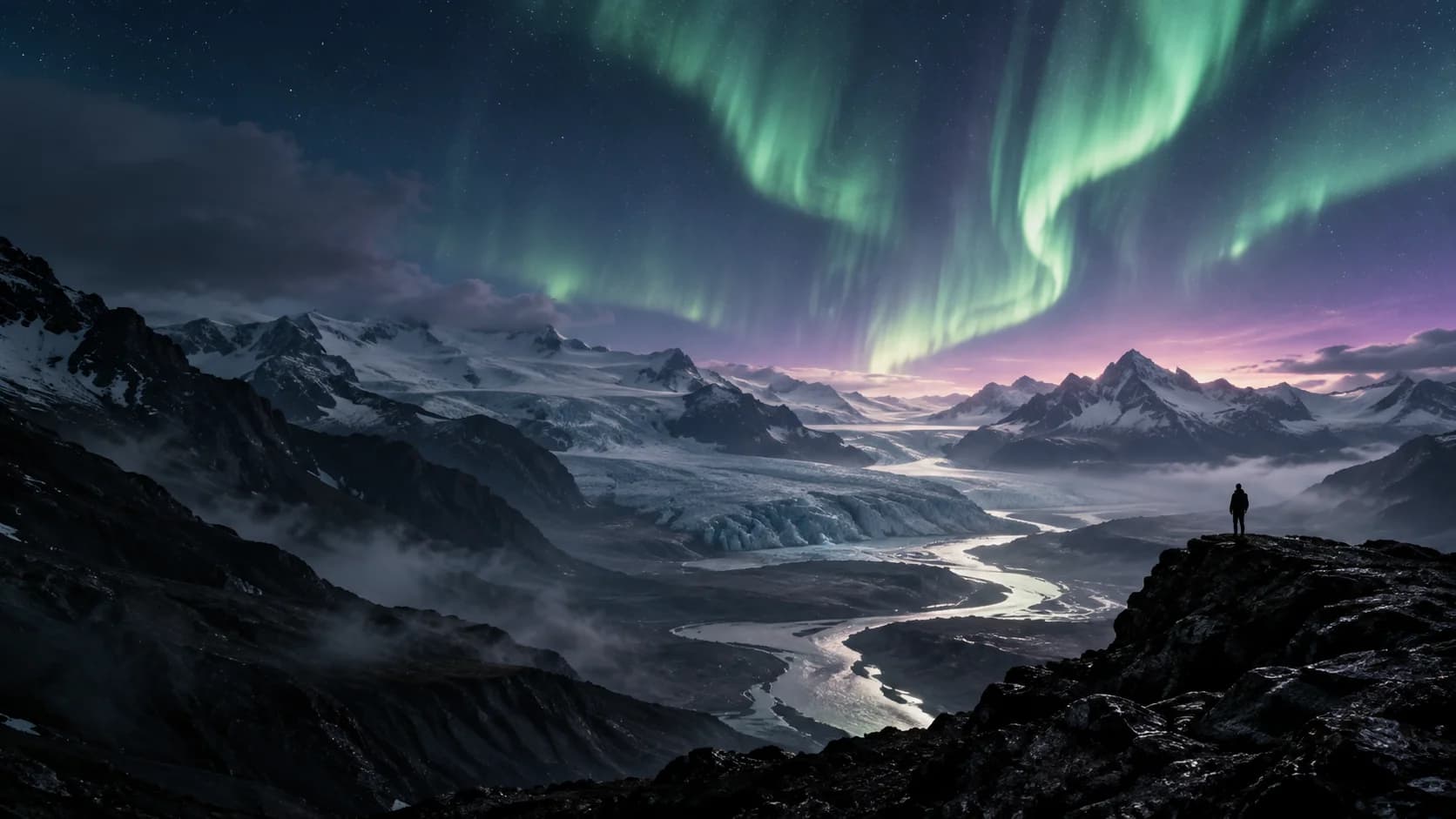 Paisaje montañoso junto al agua, iluminado por una aurora